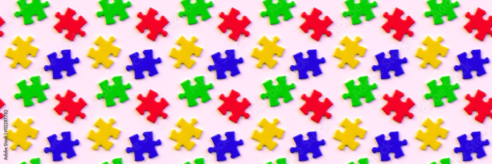 red, yellow, green and blue jigsaw puzzle pieces on a surface (seamless, format 3x1) red, yellow, green and blue jigsaw puzzle pieces on a surface (seamless, format 3x1)