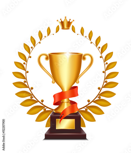 Winner gold cup with red ribbon and laurel wreath.