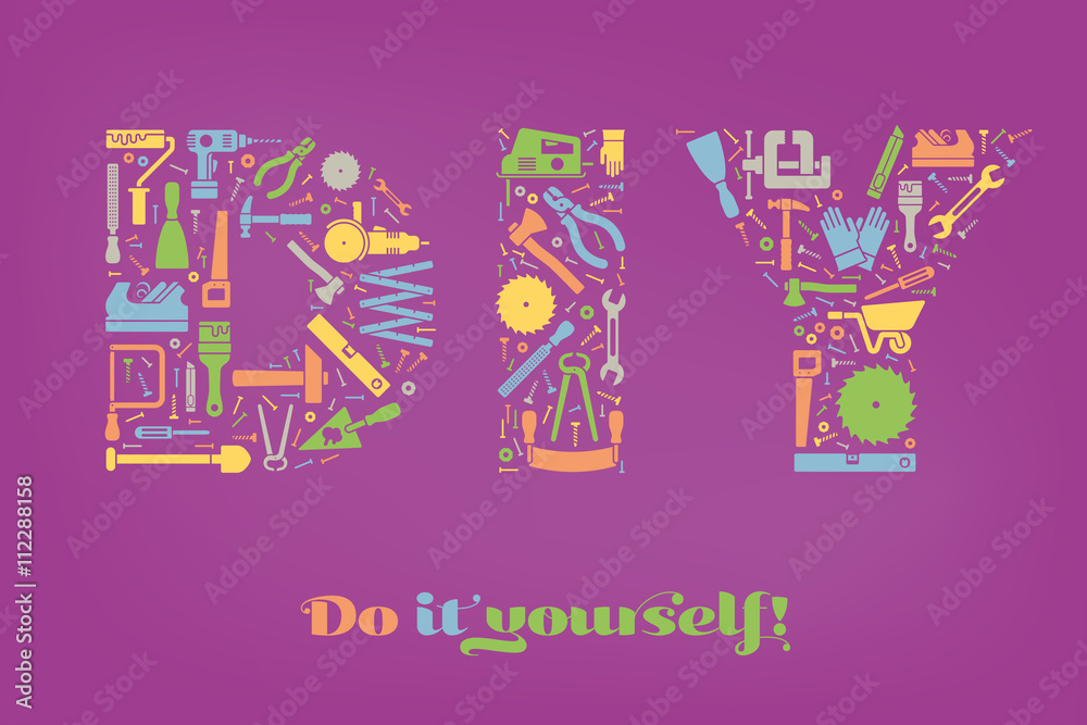 Do it yourself concept. Letters DIY made of colorful tools on purple background