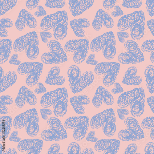 Seamless pattern lilac hearts with rough edges on pink background. Hand painted vector illustration. Design for fabric, textile, wrapping paper, card, invitation, wallpaper, web design.
