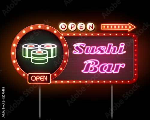 Sushi bar neon sign. Vector illustration