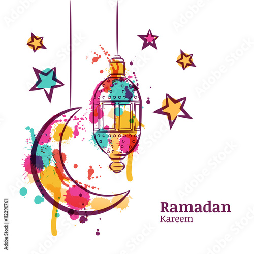 Ramadan greeting card with traditional watercolor lantern, moon and stars. Ramadan Kareem watercolor decoration background. Design for muslim ramadan holiday. Vector arabian holiday background. 