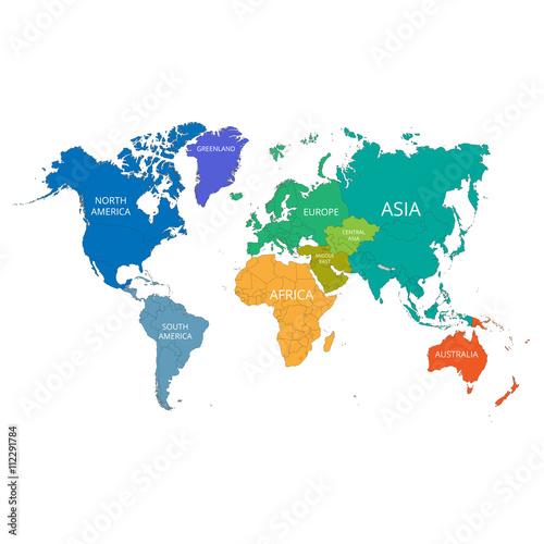 World map with the names of the continents. Vector illustration. 