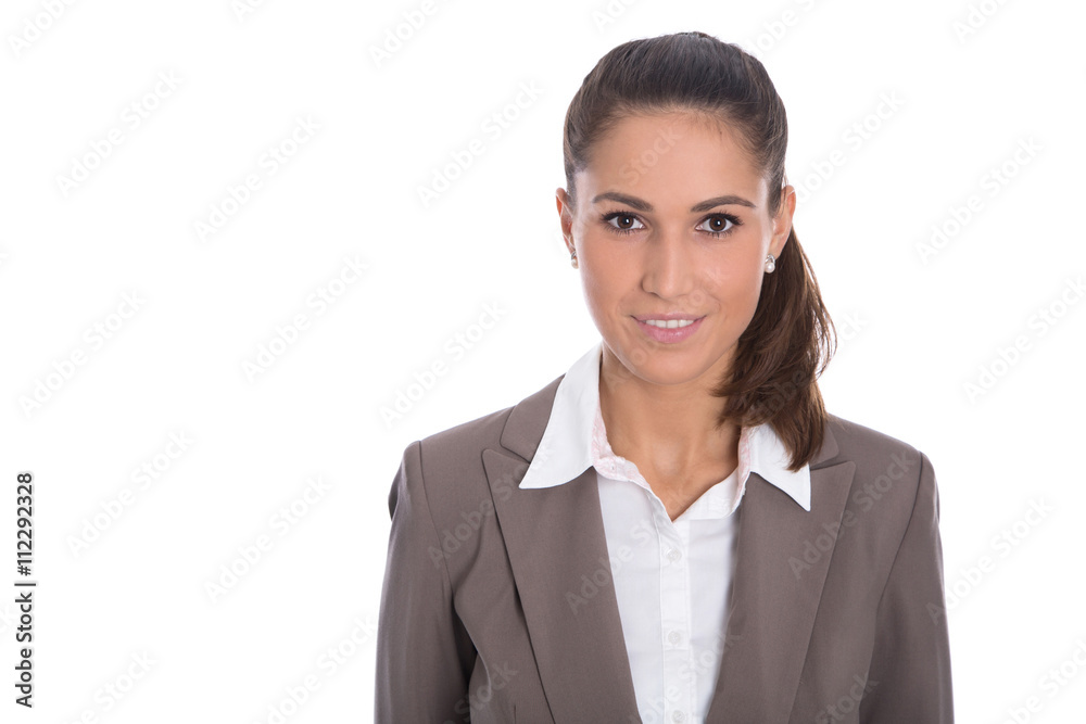 Bewerbungsfoto. Junge Frau mit Bluse und Blazer in weiß braun freigestellt. Bewerbungsfoto. Junge Frau mit Bluse und Blazer in weiß braun freigestellt.