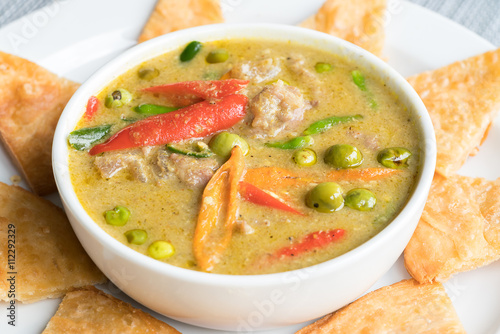 Green Beef Curry traditional Thai Food served with Roti Halal Food in Thailand 