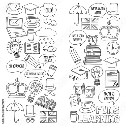 Vector set Doodle patterns and icons English courses Language school