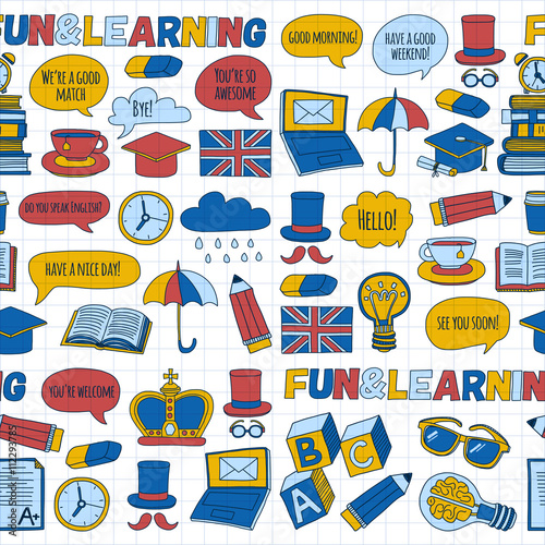 Vector doodle patterns English courses Language school