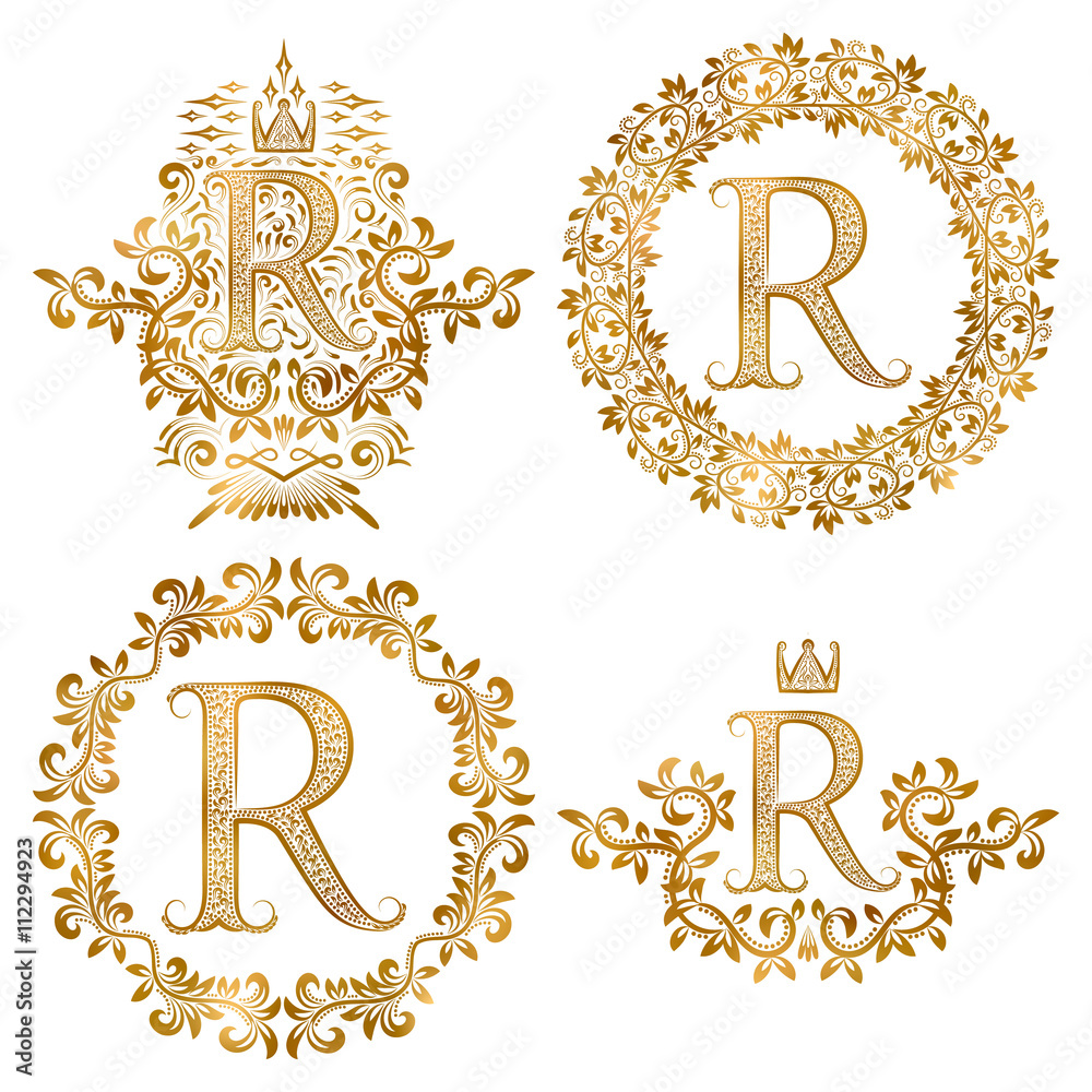 Golden R letter vintage monograms set. Heraldic coats of arms and round frames.