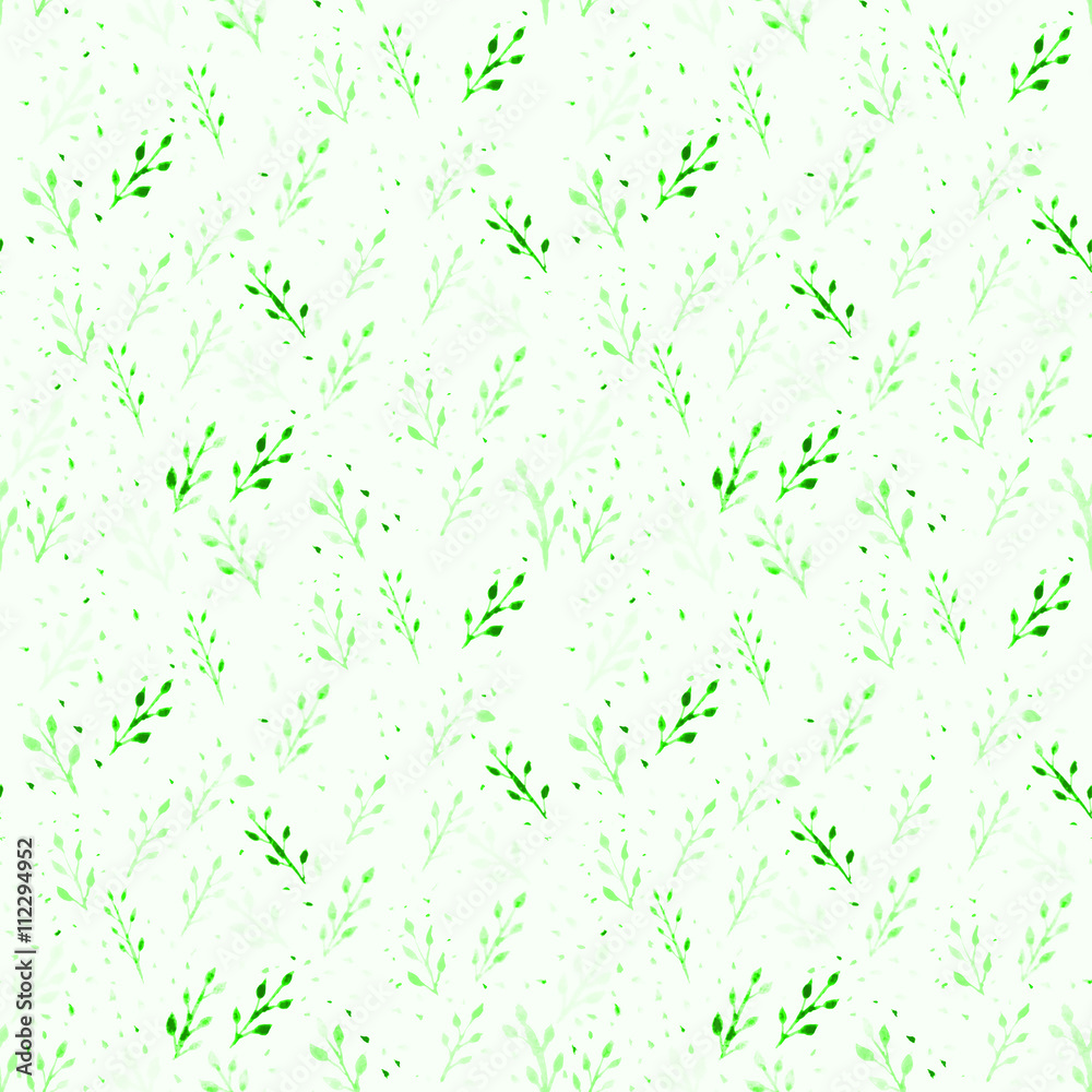 Watercolor leaves seamless raster pattern in green colors. Foliage