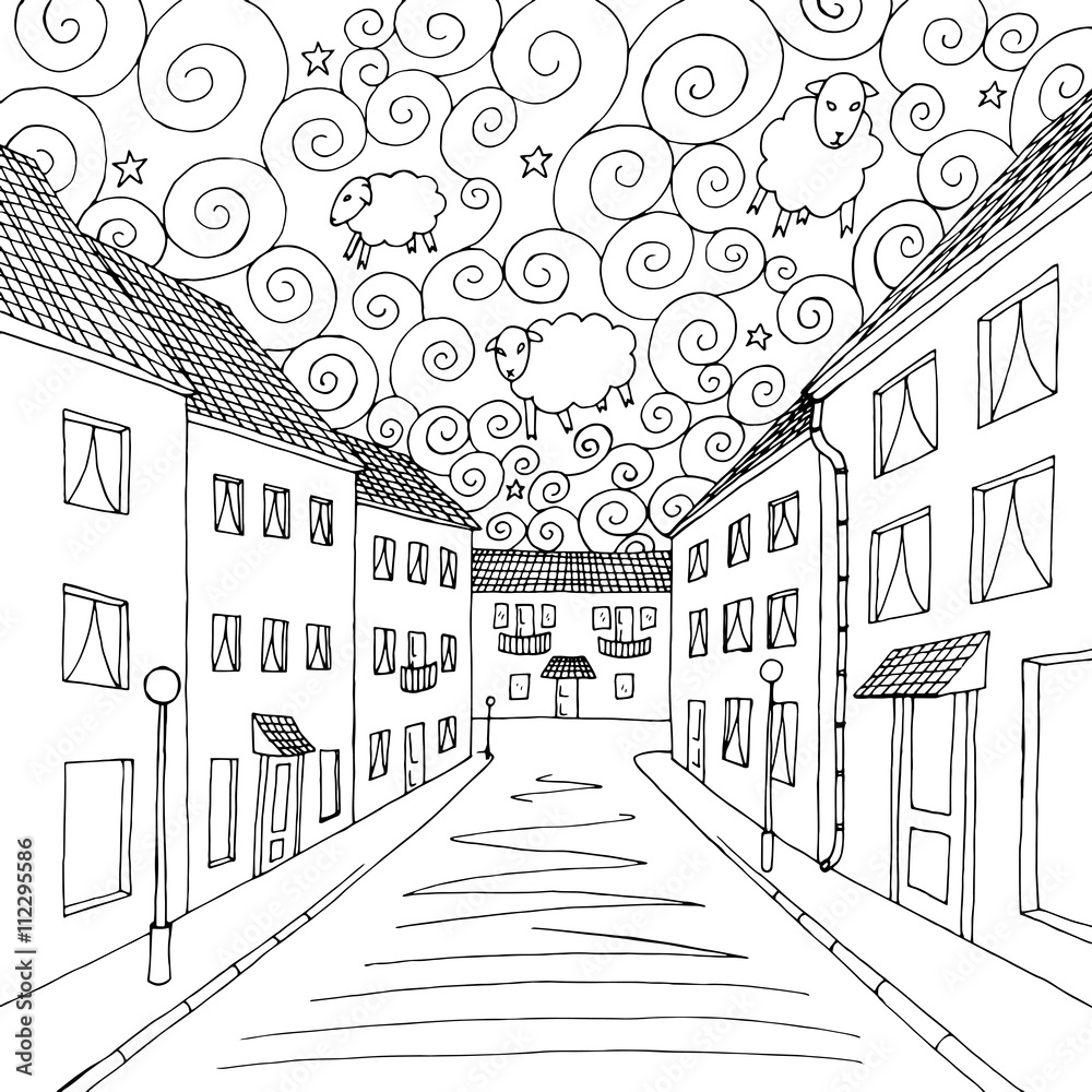 Dreams city graphic art black white illustration vector