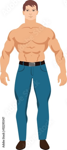 Сartoon image of a muscular man with brown hair in jeans. Bodybuilder fitness trainer.