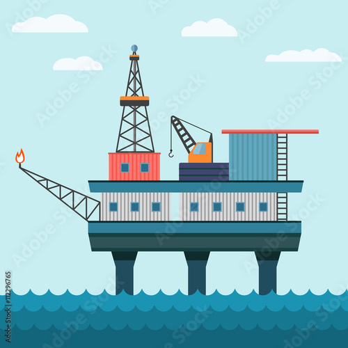 Vector industrial flat illustration offshore oil platform in sea background. Helipad, crane, derrick, hull column.