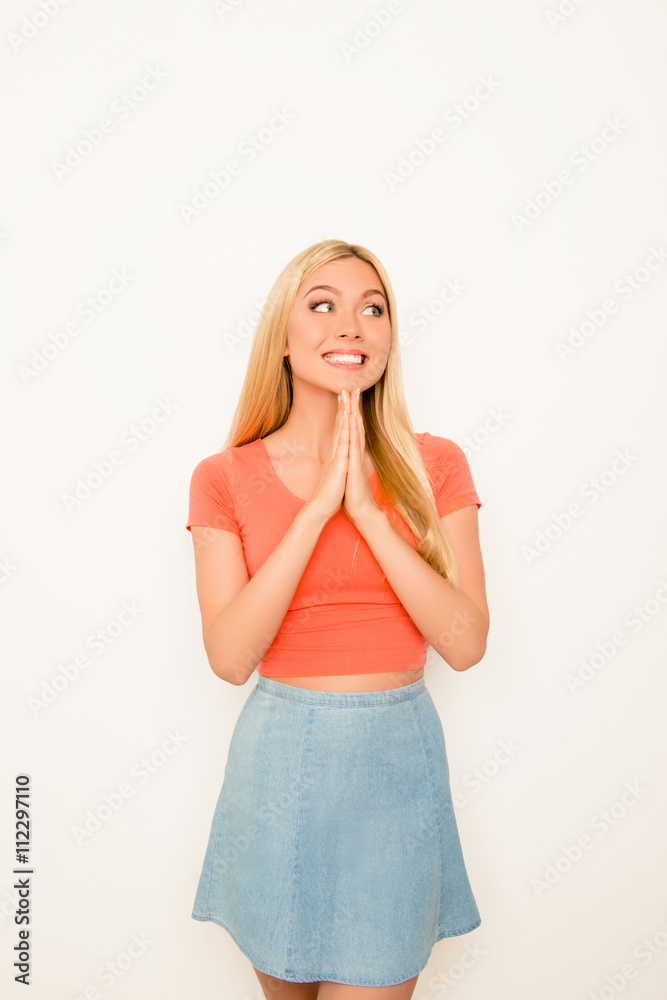 Portrait of pretty girl praying and waiting for special moment Portrait of pretty girl praying and waiting for special moment