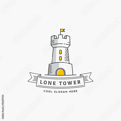 Lone Tower Abstract Vector Sign, Icon, Label or Logo Template in Line Style. Stronghold with a Flag and Typography Banner.