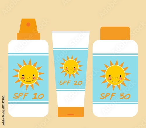 Cute bottles of sunscreen with different SPF. Smiling sun motif