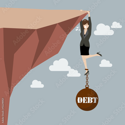 Business woman try hard to hold on the cliff with debt burden