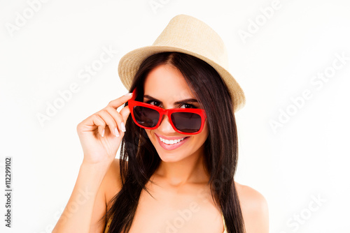 Portrait of cheerful happy woman in summer hat and glasses © deagreez