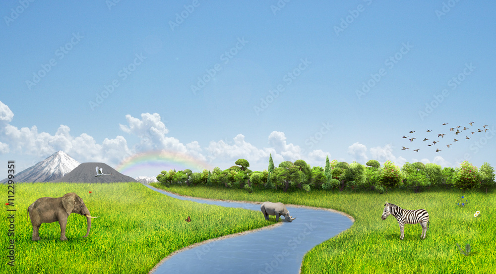 Concept of nature. Meadow with animals, forest and mountains on