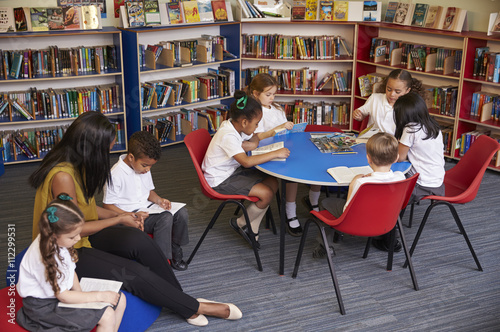 Elementary School Pupils Reading In Library With Teacher
