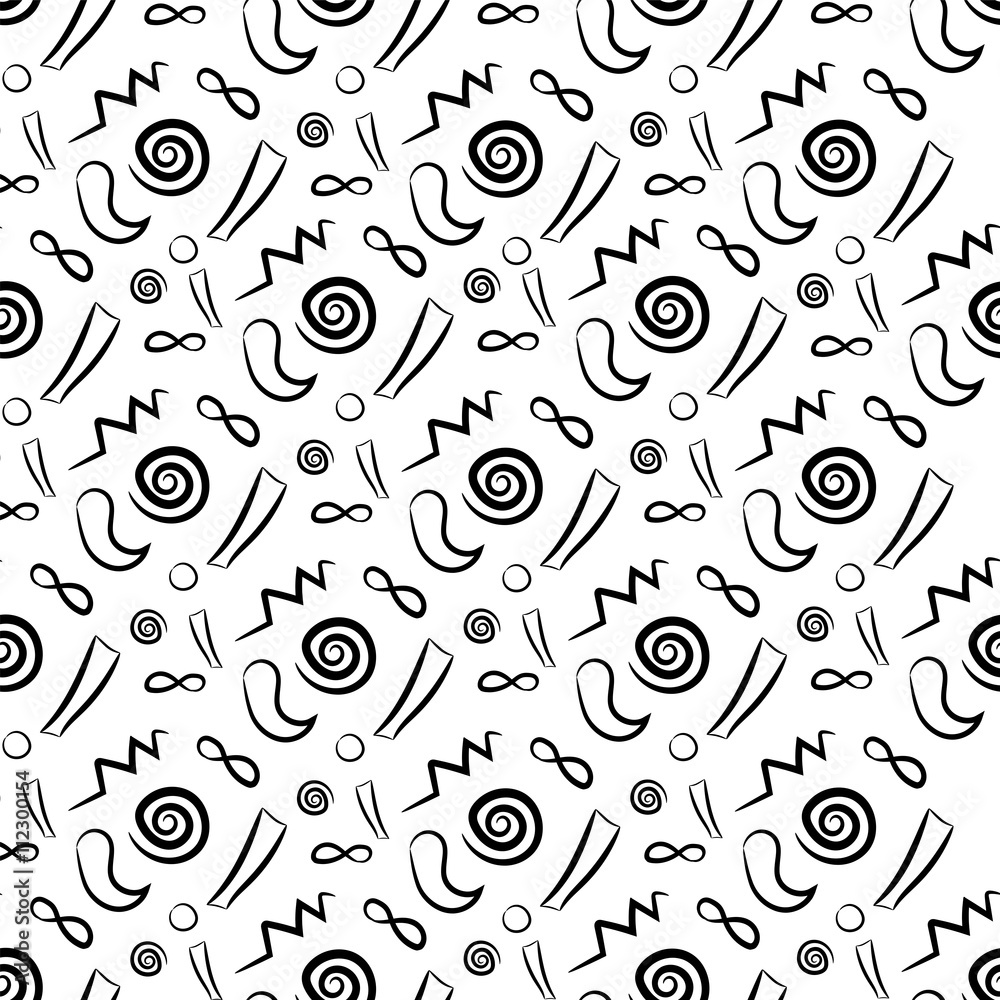 White background with black swirls, broken lines, the sign of infinity, comma White background with black swirls, broken lines, the sign of infinity, comma