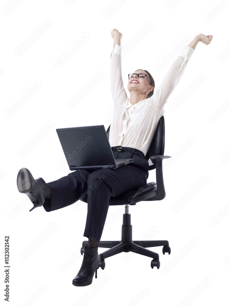 joyful businesswoman sitting on an office chair joyful businesswoman sitting on an office chair