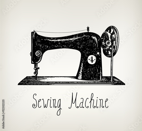 Vector hand drawn retro, vintage sewing machine illustration.
