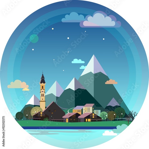 Alpine landscape illustration. European austrian town with Church, chalets, autumn trees, hills and snow mountains on starry sky, clouds and moon background. Flat design vector, circle shape.