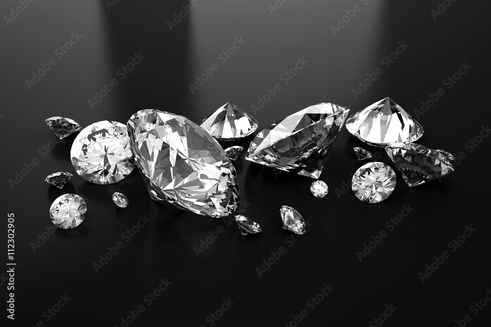 Group of Diamonds placed on black background 3d Group of Diamonds placed on black background 3d
