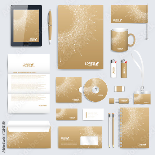 Golden set of vector corporate identity template. Modern business stationery mock-up. Medical branding design. Molecule background. Medicine, science, technology design