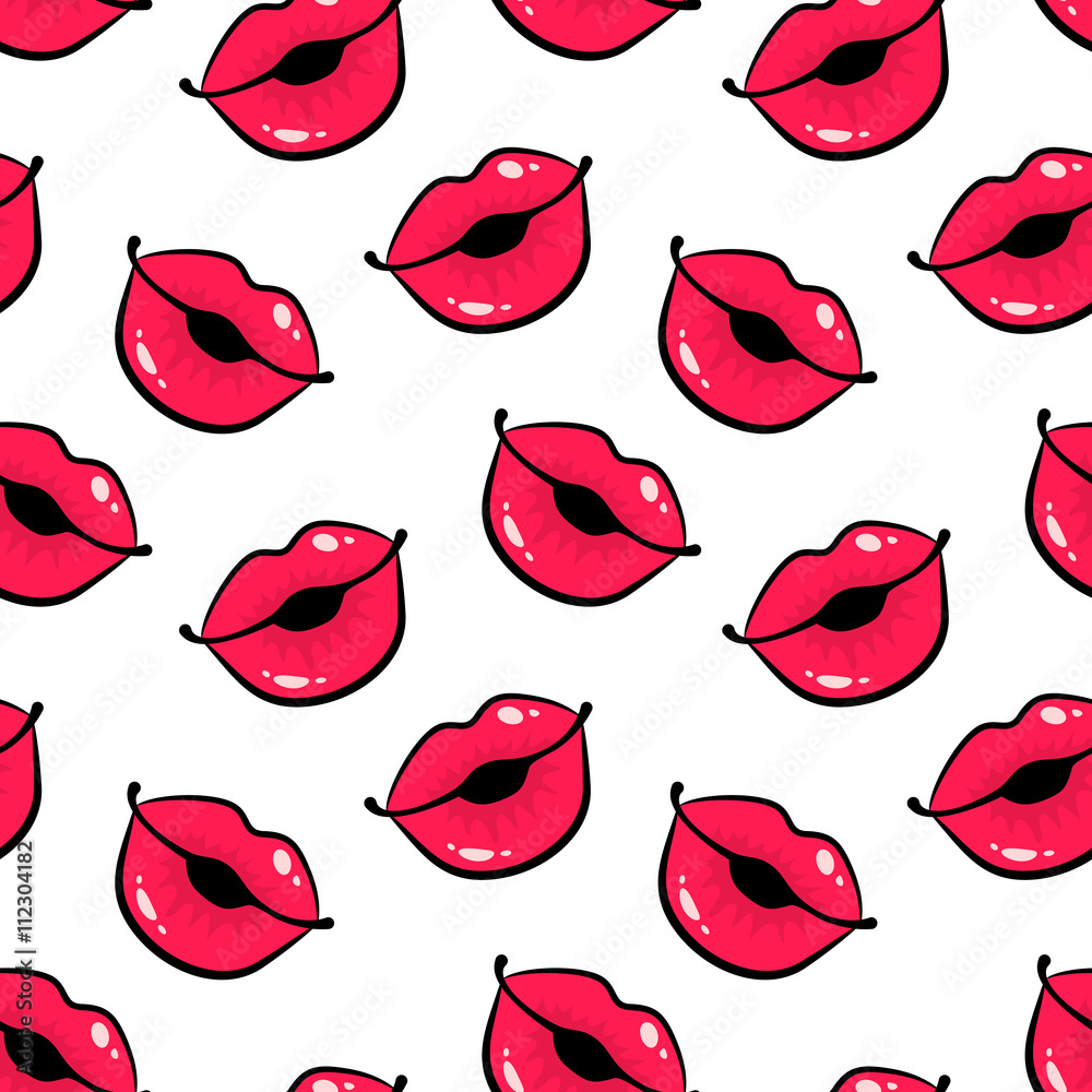 Fototapeta premium Female lips in form of kiss on white background seamless pattern.