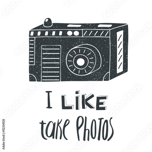 Hand drawn doodle card, postcard, cover with vintage photo camera.