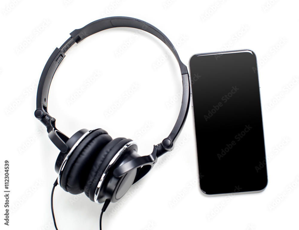 Fototapeta premium audio player with headphones isolated on white background