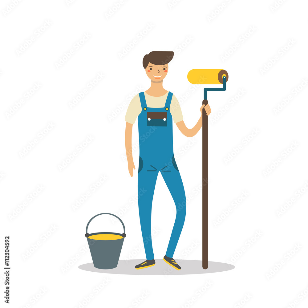 Cute flat style worker with paint roller Cute flat style worker with paint roller