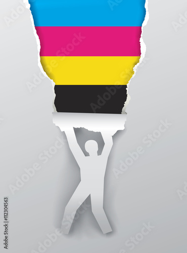 Man ripping paper with print colors.
Paper silhouette of hanging man ripping paper with print colors.Concept for presenting color printing. Vector available. 
