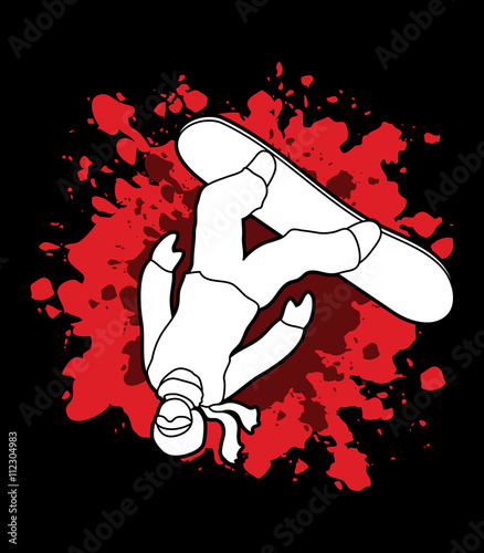 Snowboarder jumping designed on grunge blood graphic vector.