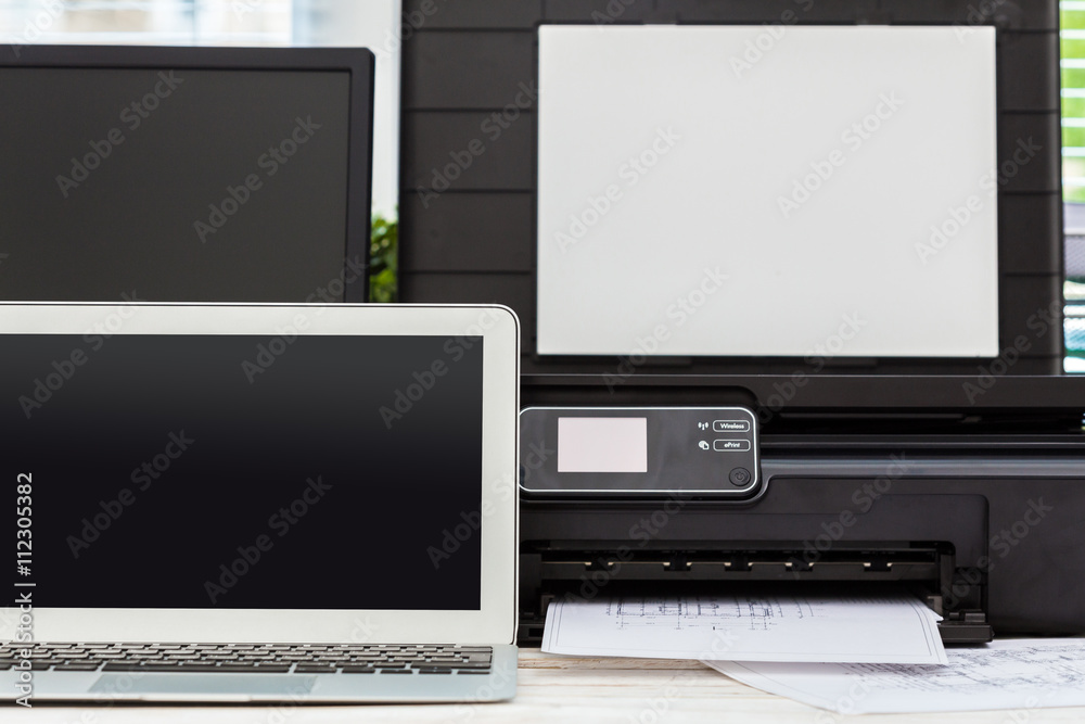 Printer and computer. Office table Printer and computer. Office table