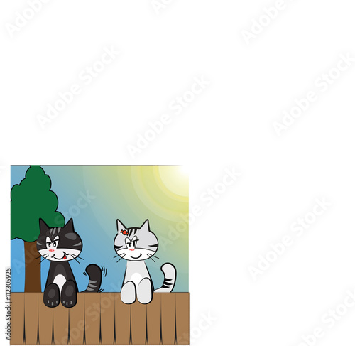 Two cats hanging on the fence