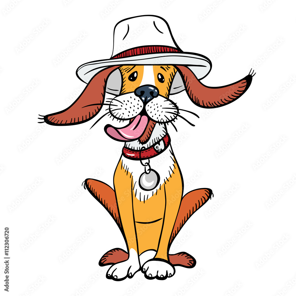 Funny dog sitting, wearing hat, with collar and medal. T-shirt Graphics. Dog print. Funny dog sitting, wearing hat, with collar and medal. T-shirt Graphics. Dog print.