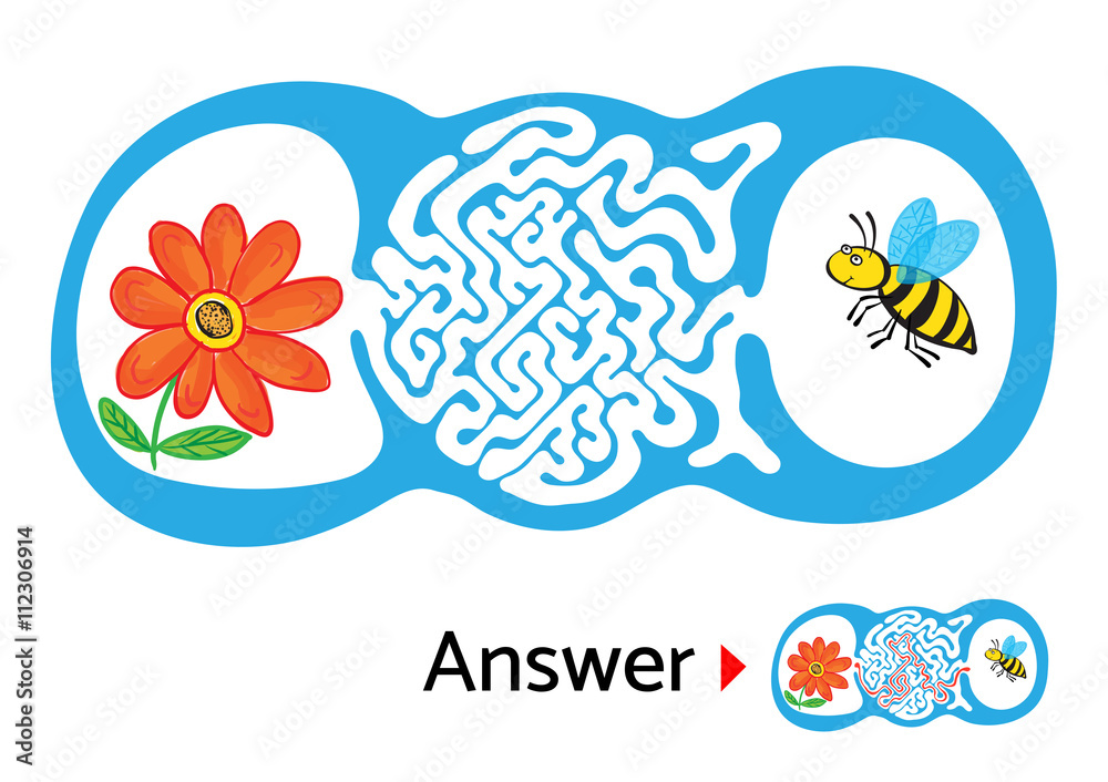 Maze puzzle for kids with bee and flower. Labyrinth illustration, solution included.