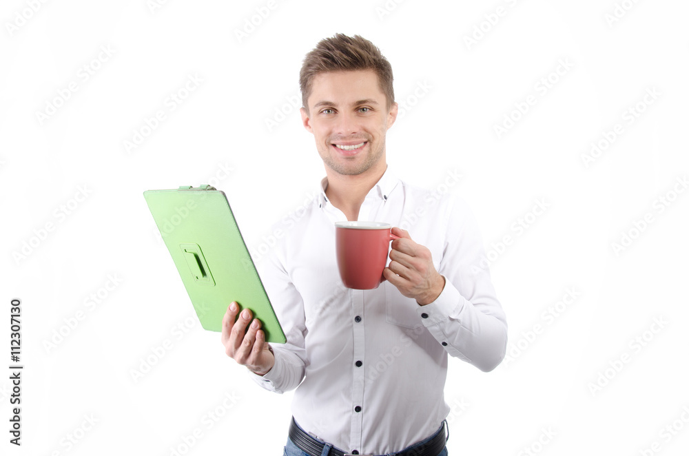 Young businessman with the tablet and coffee. Young businessman with the tablet and coffee.