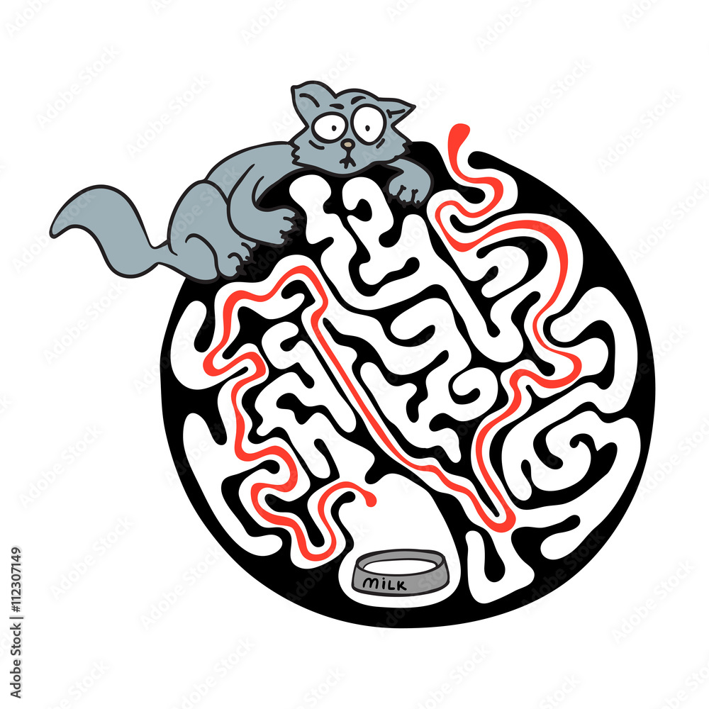Maze puzzle for kids with cat and milk. Labyrinth illustration, solution included.