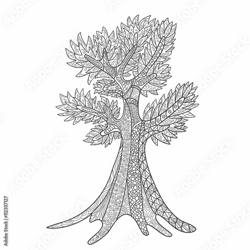 Decorative, hand-drawn tree zentangl style. Monochrome range. Vector graphics.