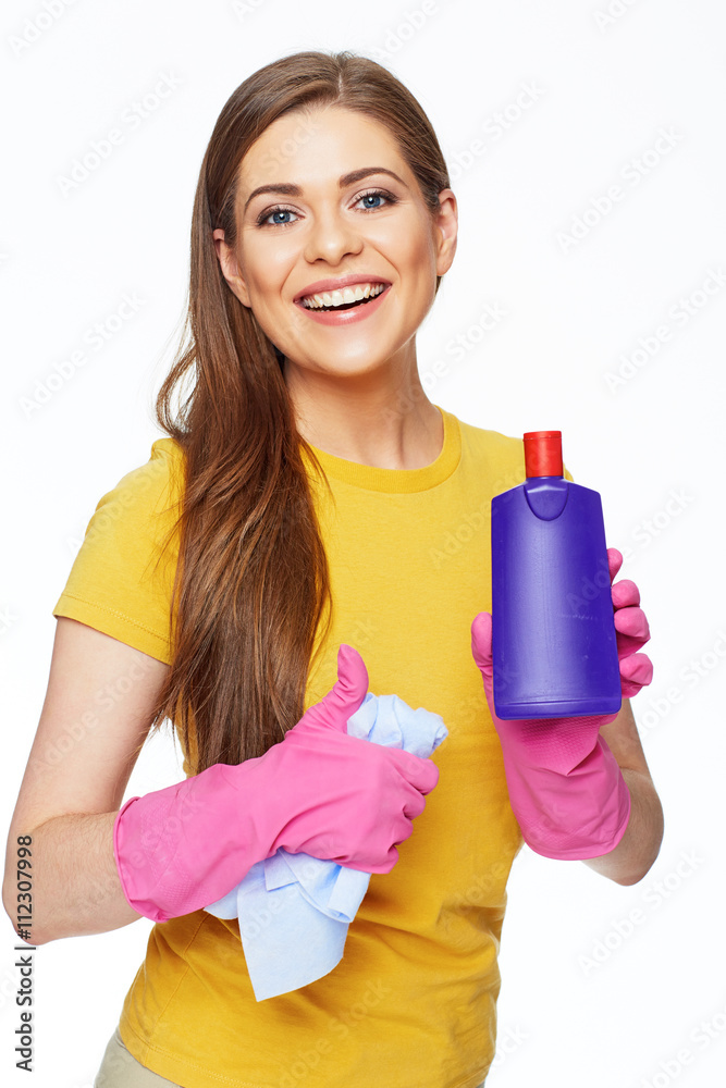 Thumb up housewife show holding cleanser. Bottle with copy spac Thumb up housewife show holding cleanser. Bottle with copy spac