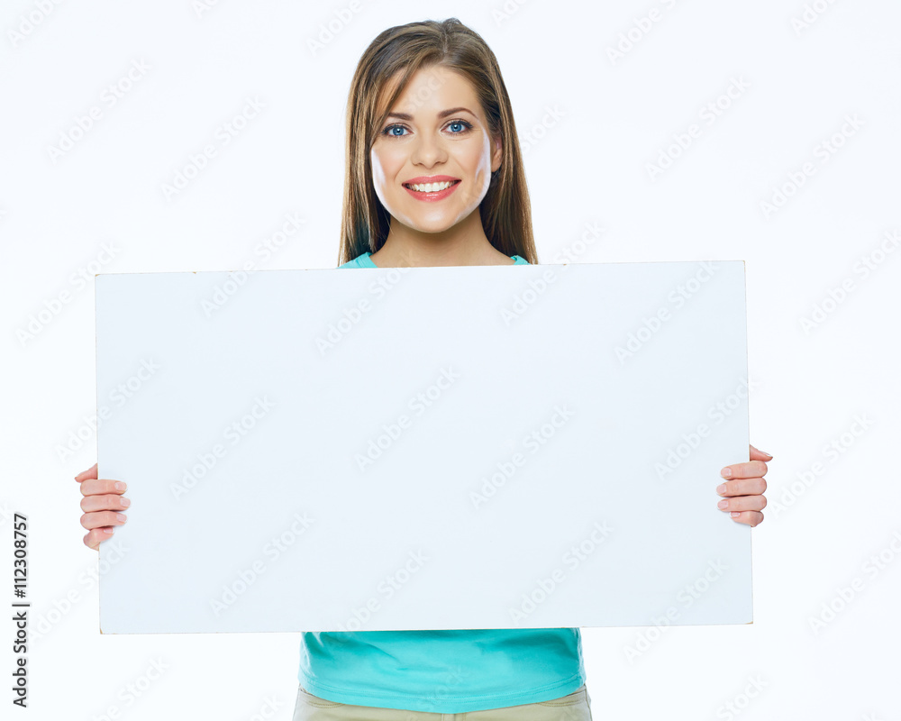 Beautiful smiling woman with big white board. Isolated on white Beautiful smiling woman with big white board. Isolated on white