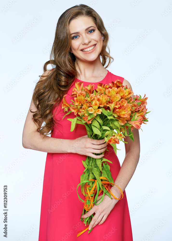 Toothy smiling woman with flowers dressed in red dress Toothy smiling woman with flowers dressed in red dress