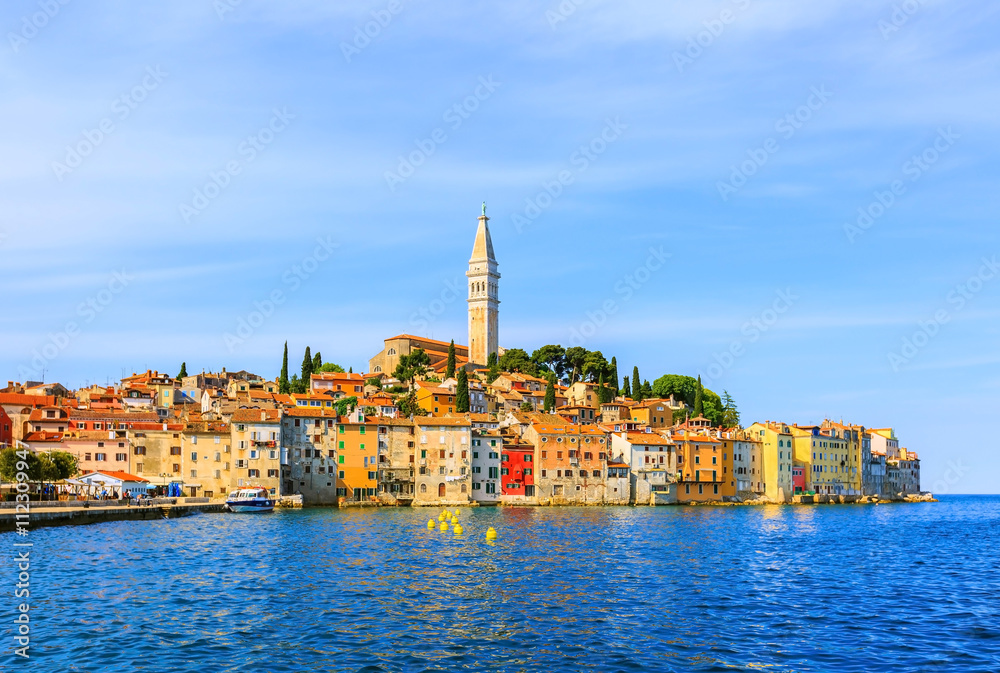 Old town Rovinj on a sunny day by Adriatic sea, Croatia