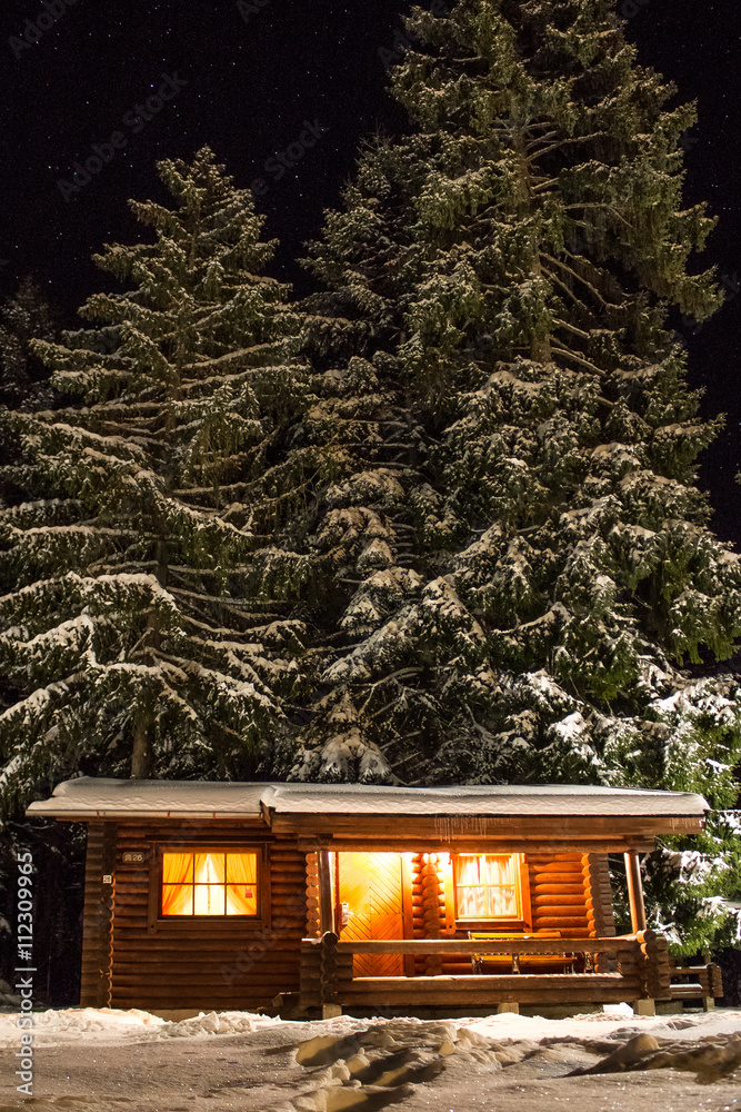 Night winter landscape with wooden house