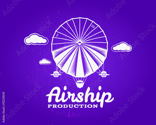 Vintage airship logo. Retro Dirigible balloon grunge logo template. Badge vector design. Old sketching style. Use as logo, label, stamp for web design or tee design, t-shirt print. Fly logo