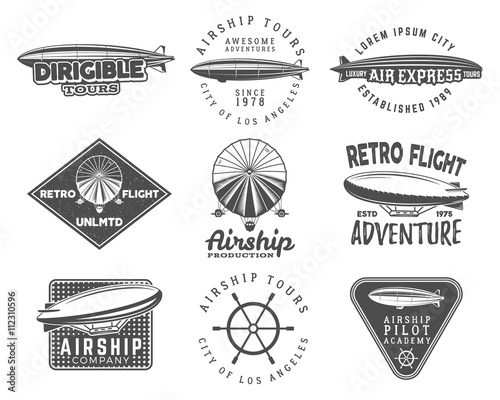 Vintage airship logo designs set. Retro Dirigible badges collection. Airplane Label vector design. Old sketching style. Use as fly logos, labels, stamps, patches for web design or tee design, t-shirt