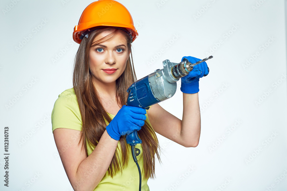 Woman hard worker with drill tool.